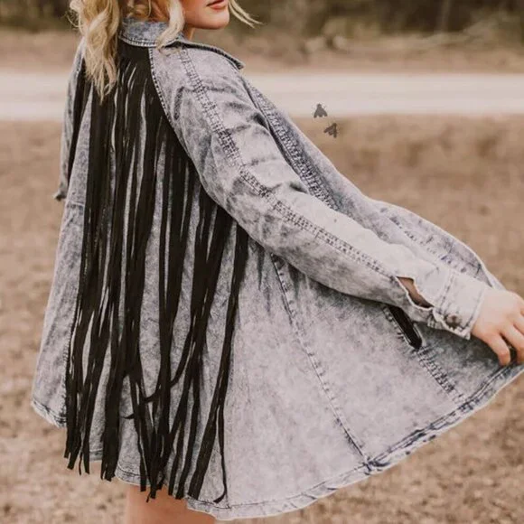 2FLYCO HILDAGO FALLS LADIES DENIM/CHAMBRAY JACKET WITH FRINGE NWT - Picture 1 of 13